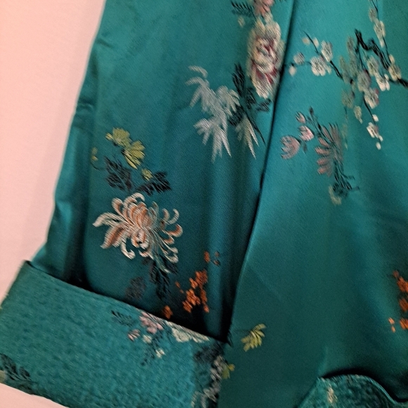 VTG 60's Turquoise Asian Style Chinese Dress/Coat/Robe/Silk Embroidered 44 Flaws - Picture 3 of 13